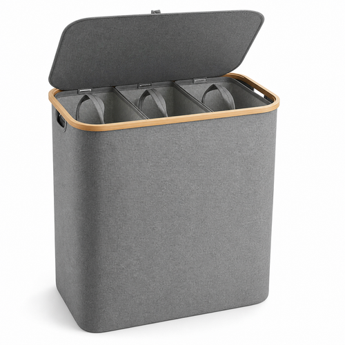 Solvana three-section foldable laundry sorter in heather gray