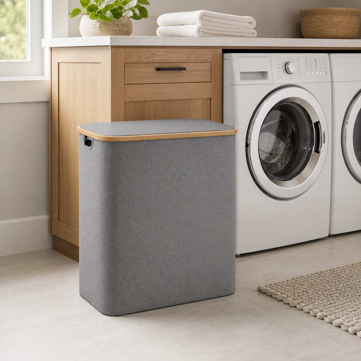 Solvana foldable laundry sorter in a modern laundry room