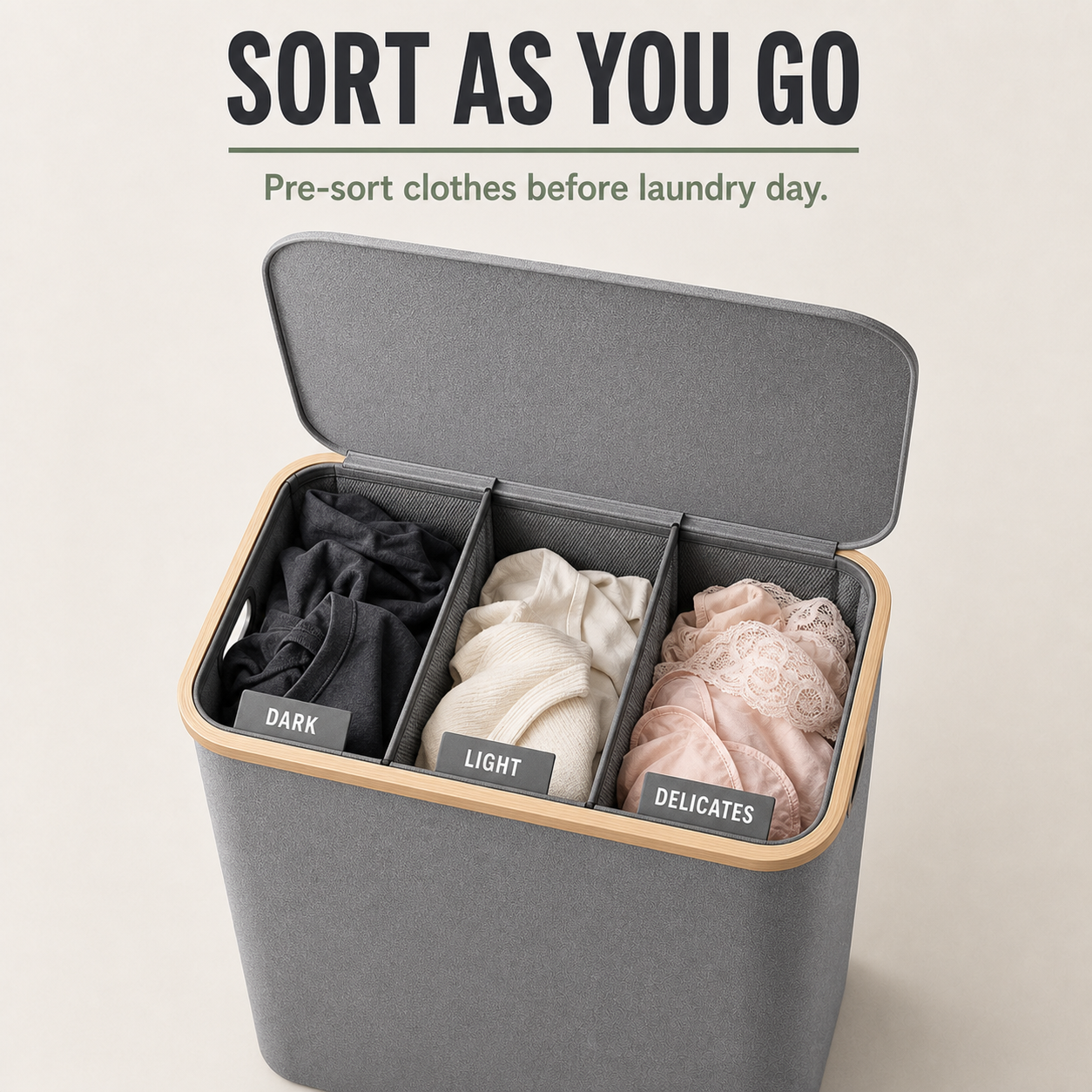 Three laundry sorting zones for dark light and delicate clothing