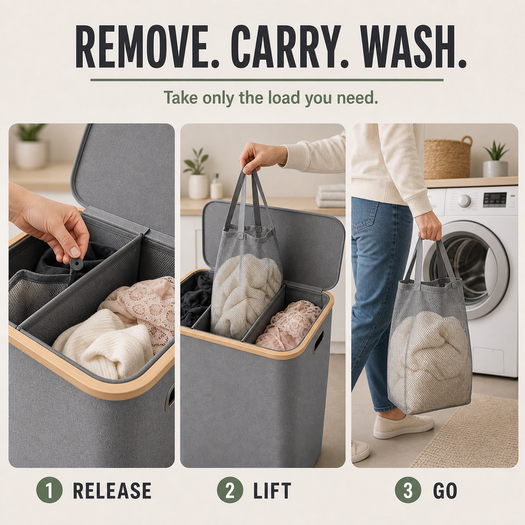 Removable laundry bag carry process