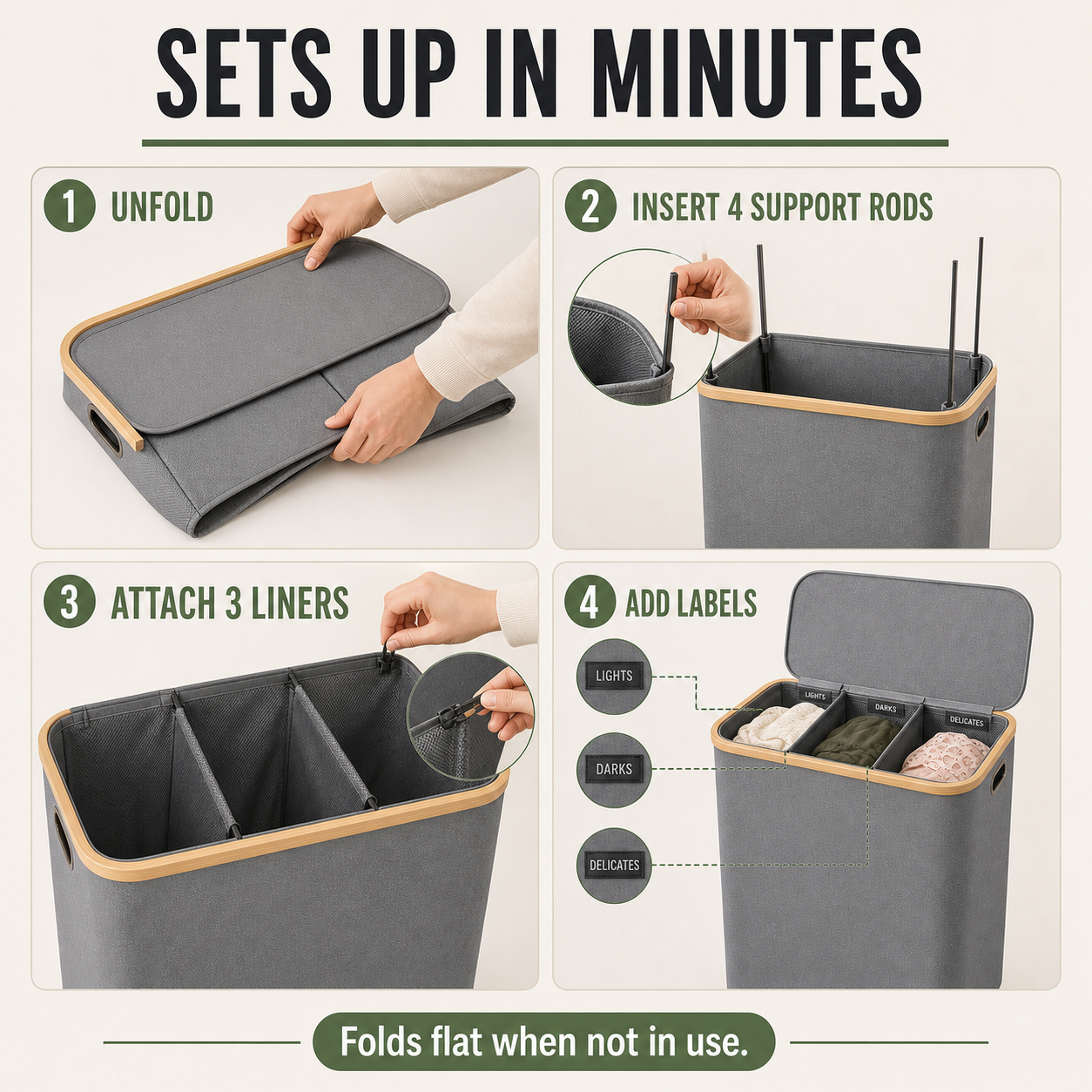 Fold-flat laundry sorter assembly steps