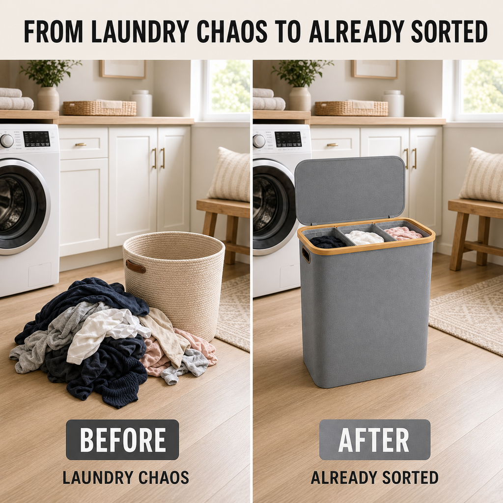 Laundry room before and after using the Solvana sorter